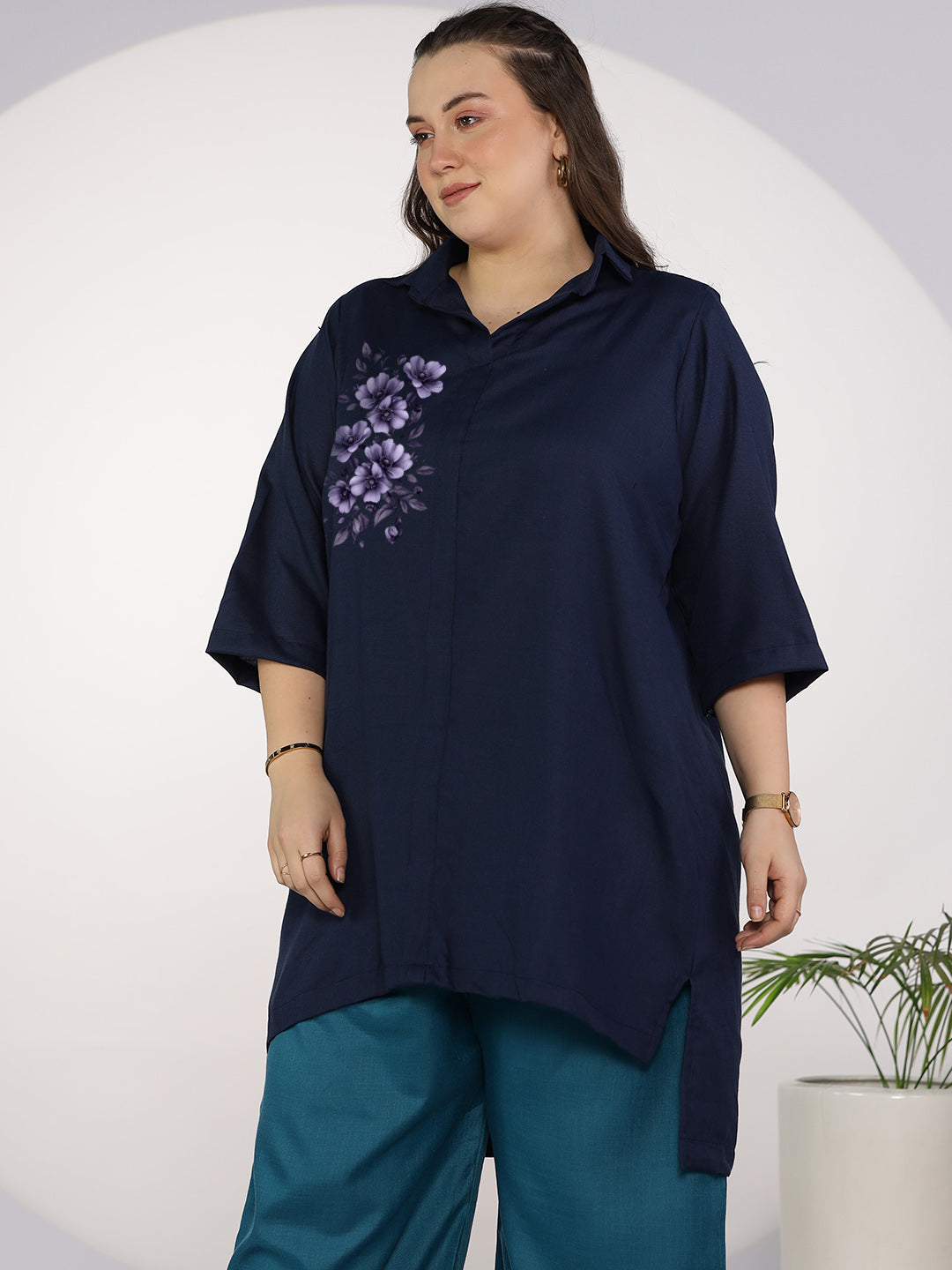 Navy CottonSlub ShirtTop - OrchidGlow