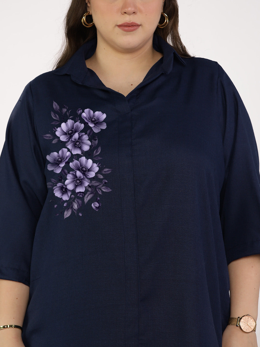 Navy CottonSlub ShirtTop - OrchidGlow