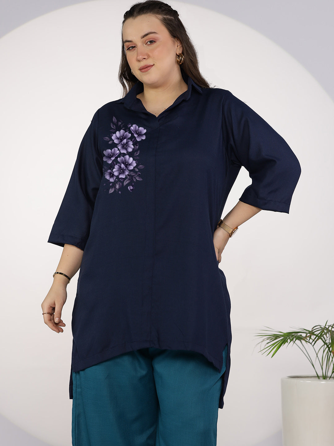 Navy CottonSlub ShirtTop - OrchidGlow