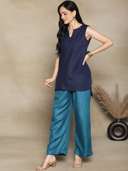 Navy CottonSlub SleevelessKurti & Teal Palazzo