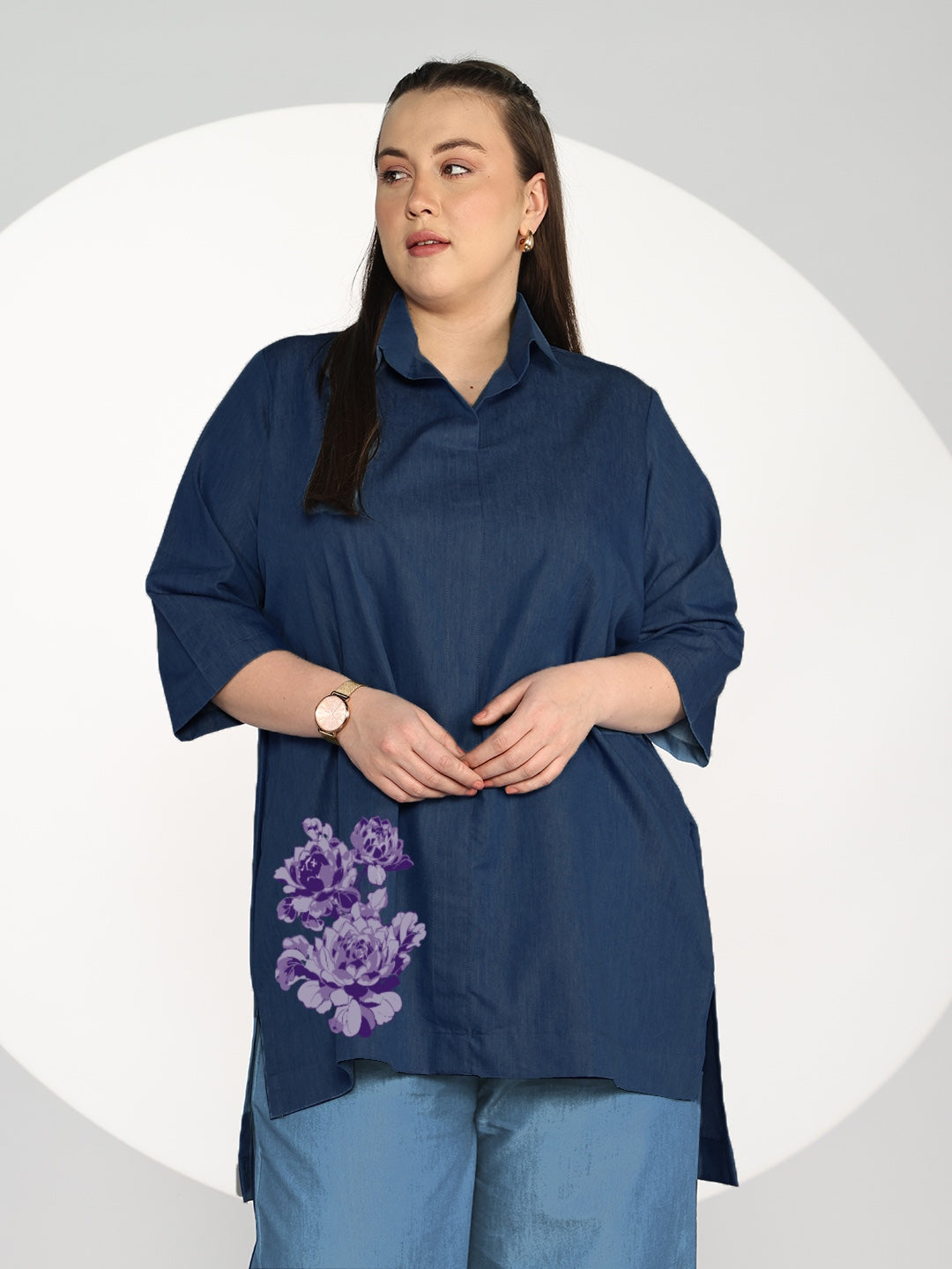 Navy Denim ShirtTop - Mauva