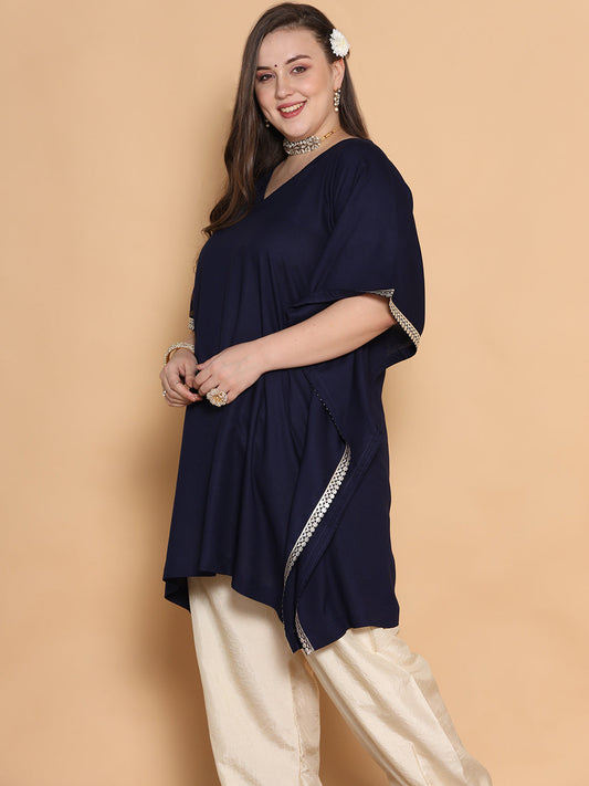 Navy Rayon Embellished Kaftan Kurta