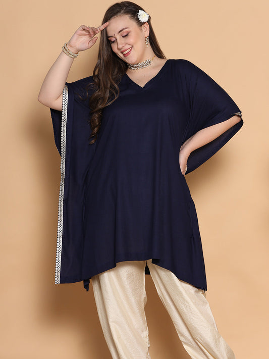 Navy Rayon Embellished Kaftan Kurta