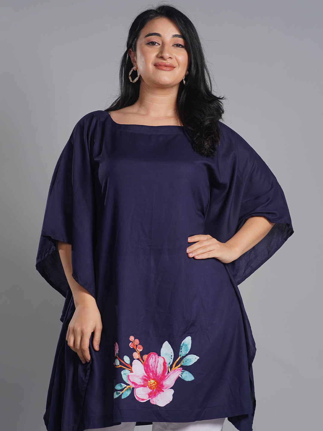 Navy Rayon Kaftan - Beautiful flowers