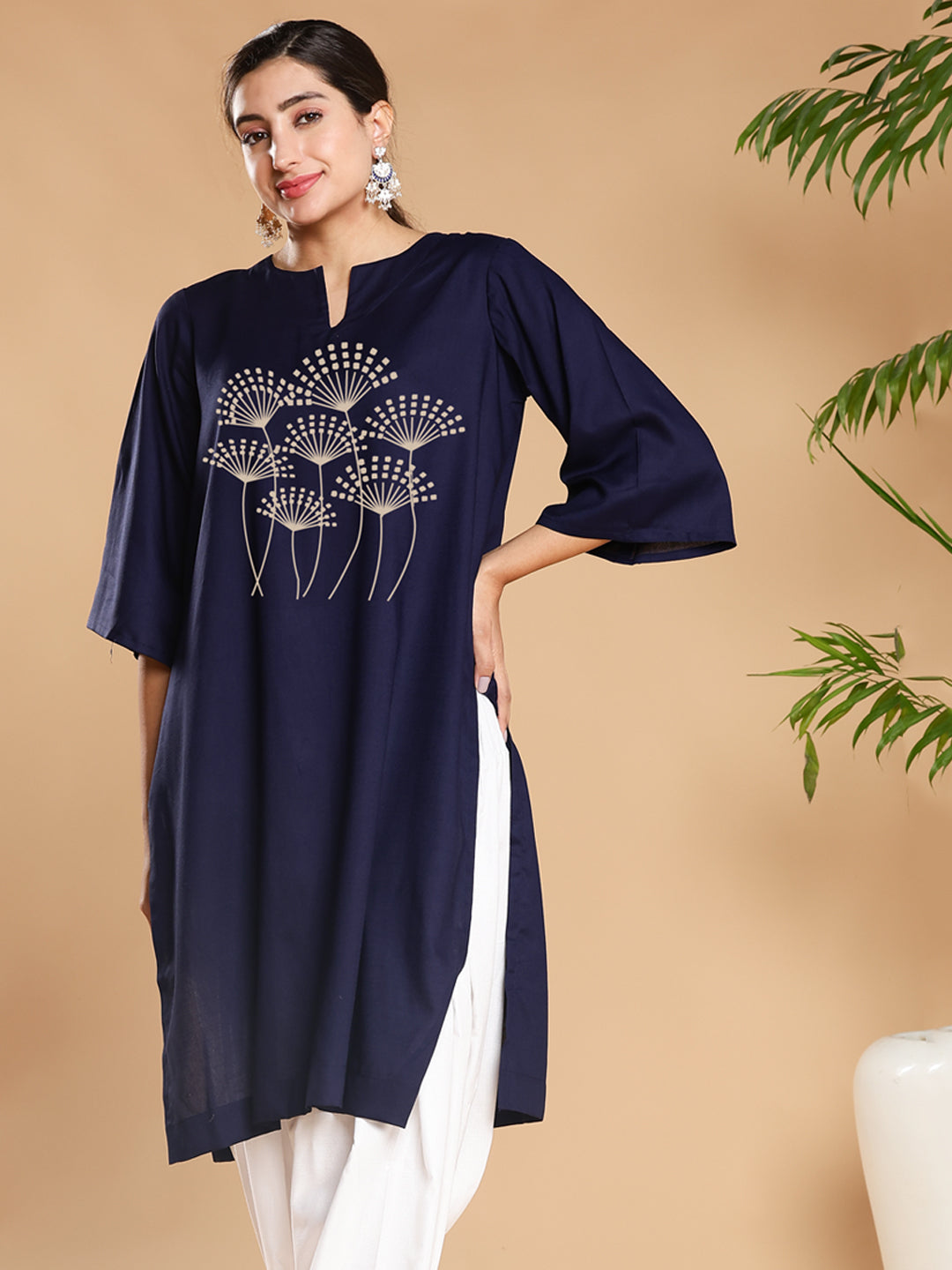 Navy Rayon LongKurta - Dandelions