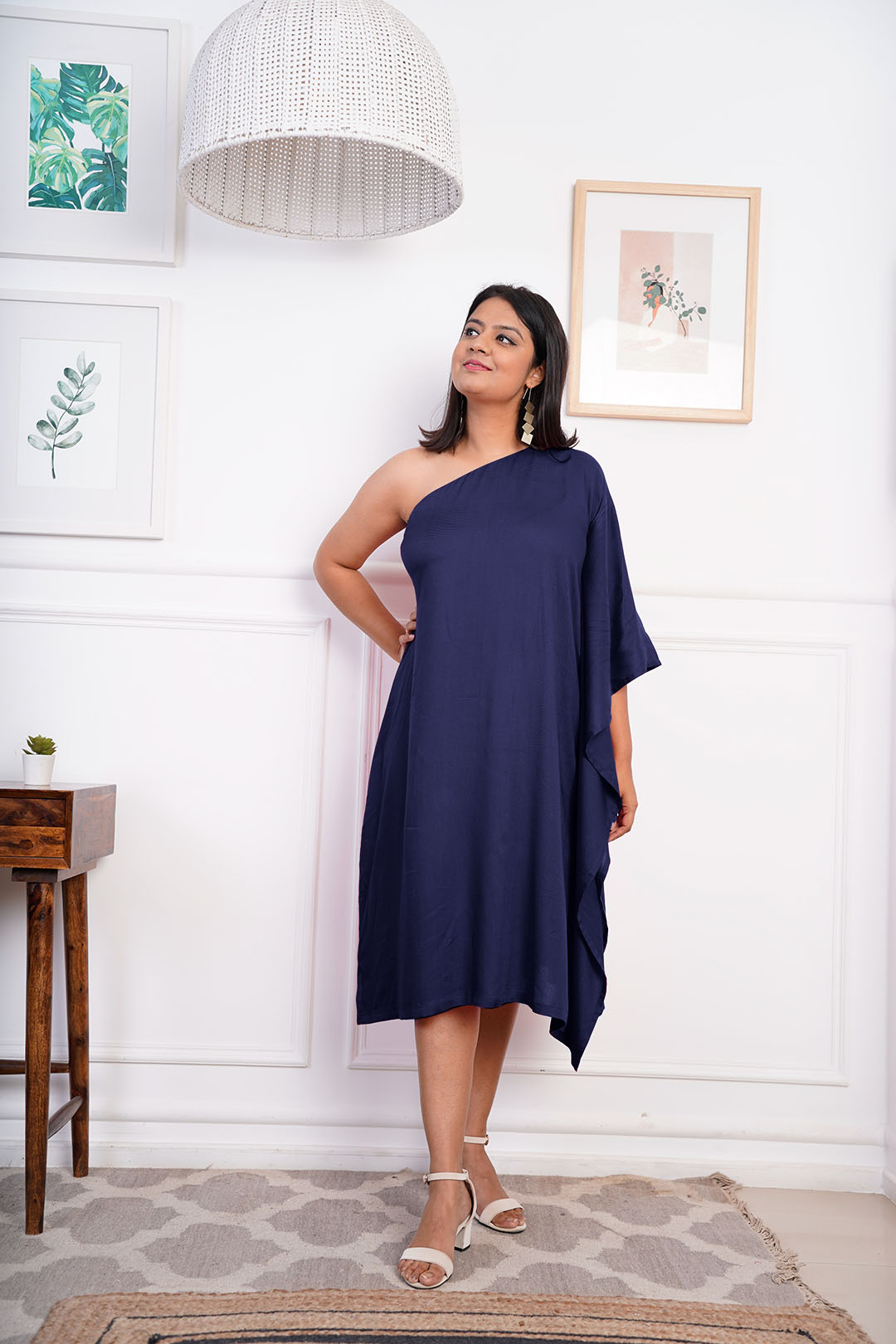 Navy Rayon OneShoulder Dress - Solid