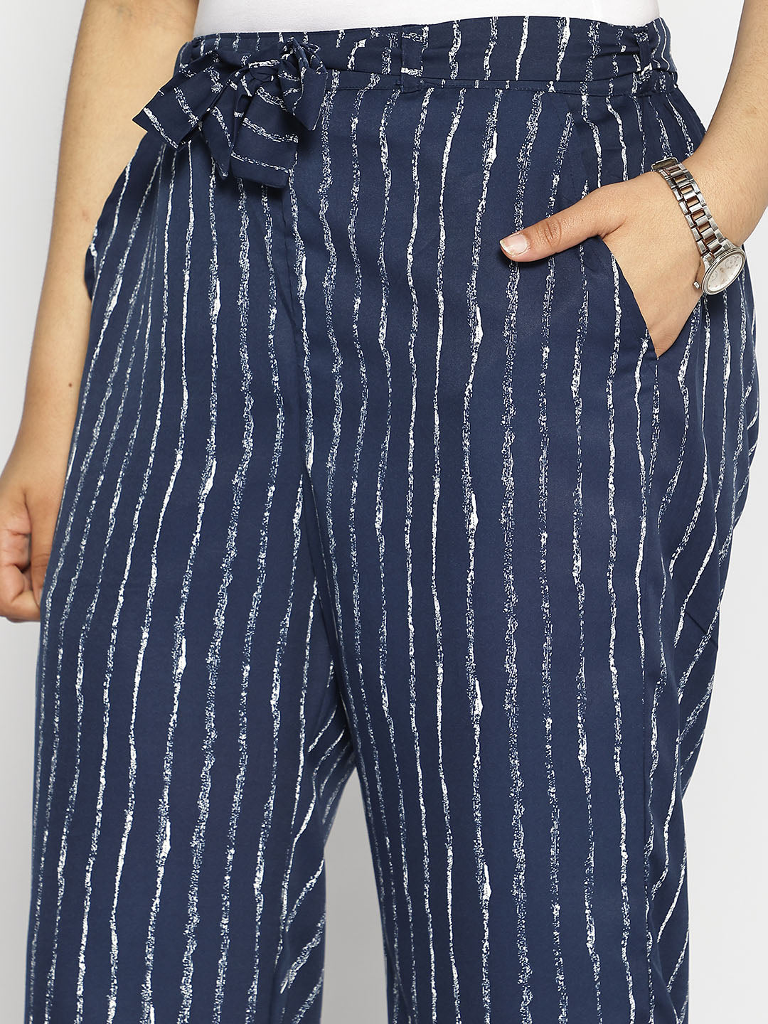 Navy Striped Belted Trousers