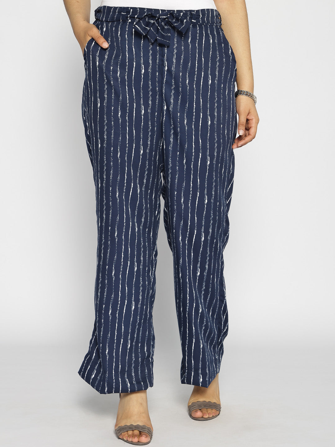 Navy Striped Belted Trousers