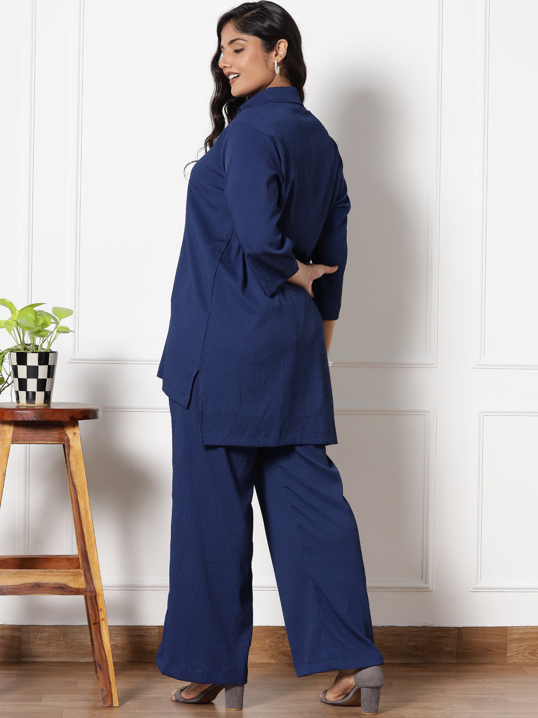 Navy Textured ShirtTop & WaistbandPalazzo