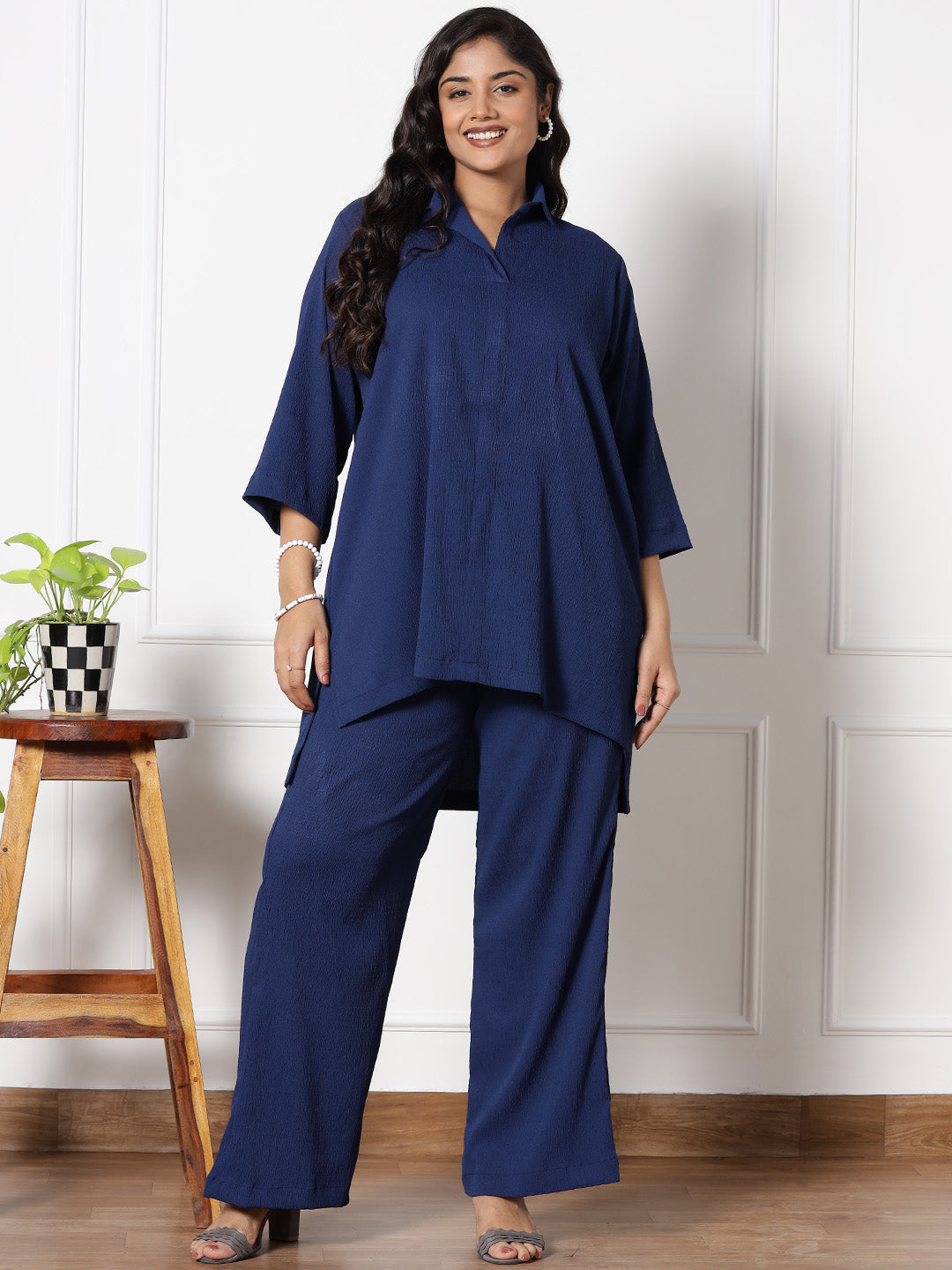 Navy Textured ShirtTop & WaistbandPalazzo