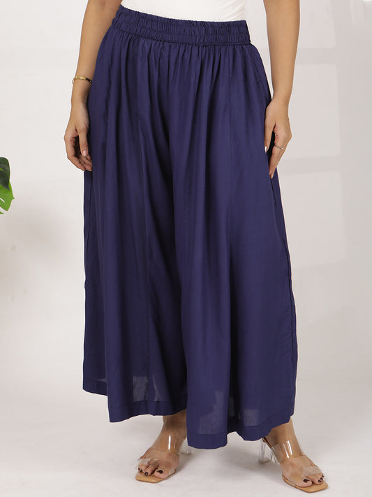 Navy Rayon Flared Palazzo