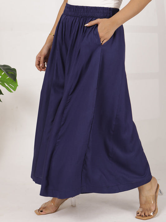 Navy Rayon Flared Palazzo