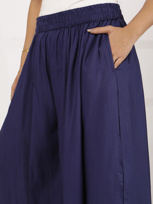 Navy Rayon Flared Palazzo
