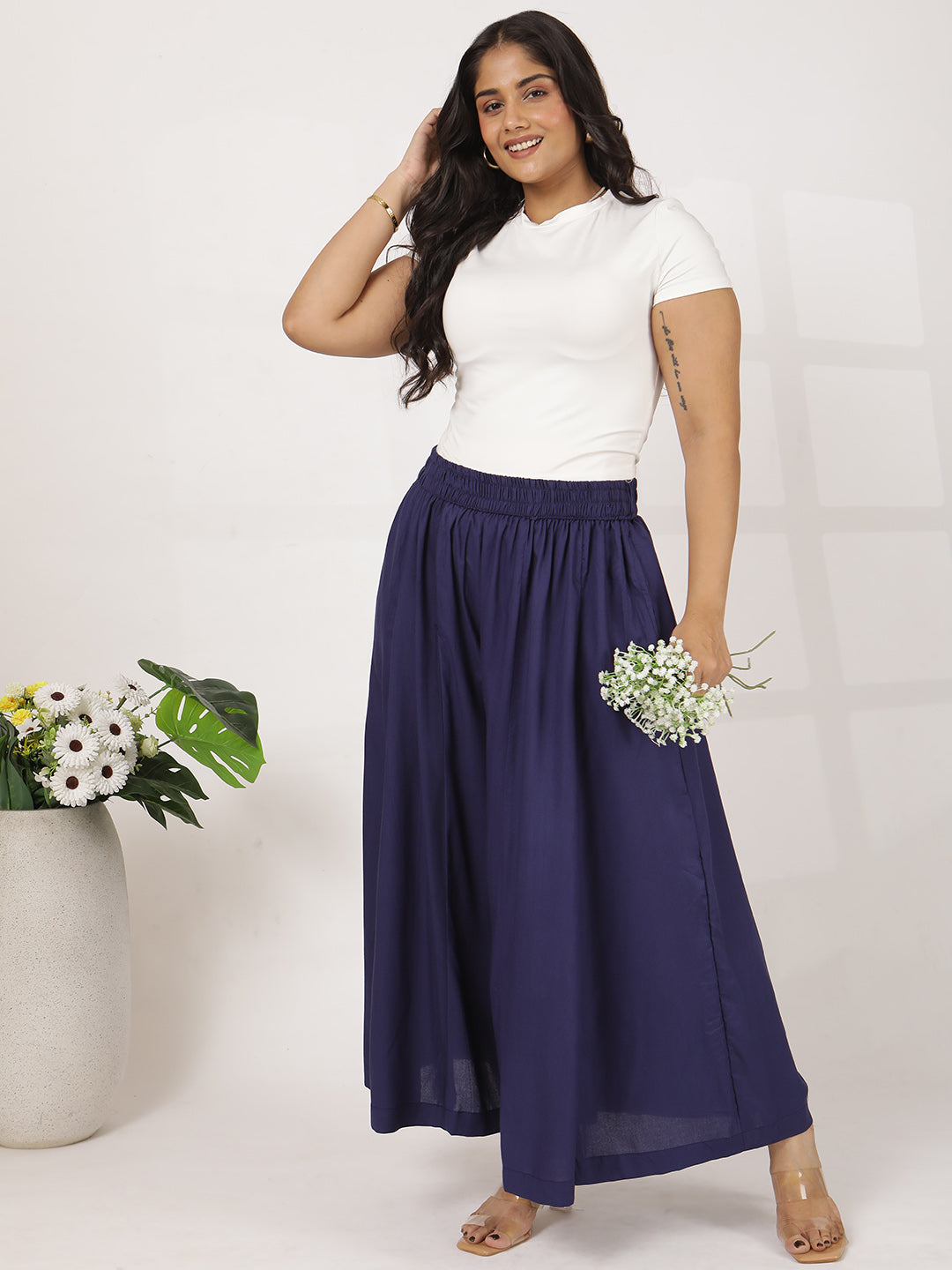 Navy Rayon Flared Palazzo