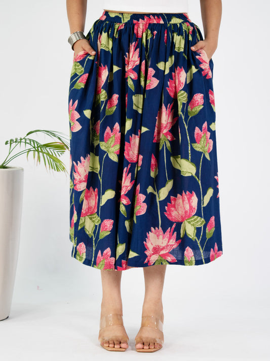 Printed Cotton Gathered Skirt - BlueKamal