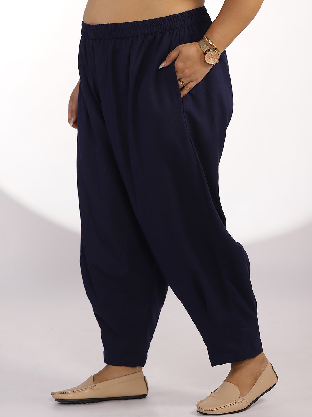 Navy Cotton Mom-Fit Pants