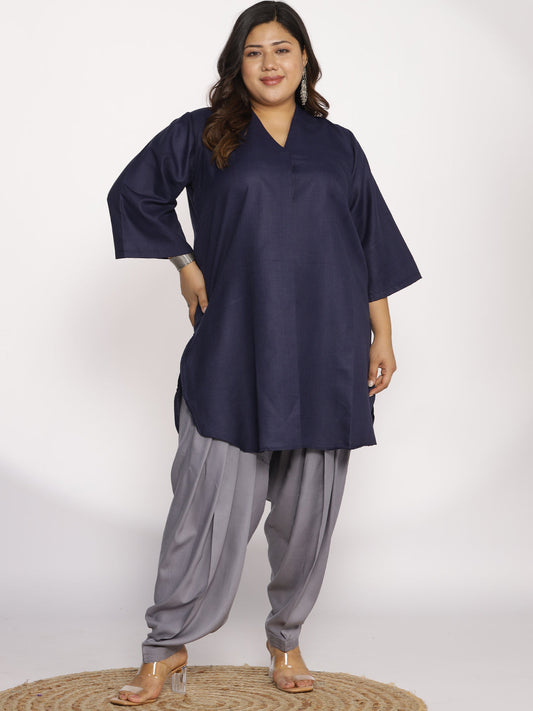 Navy CottonSlub PleatedKurta