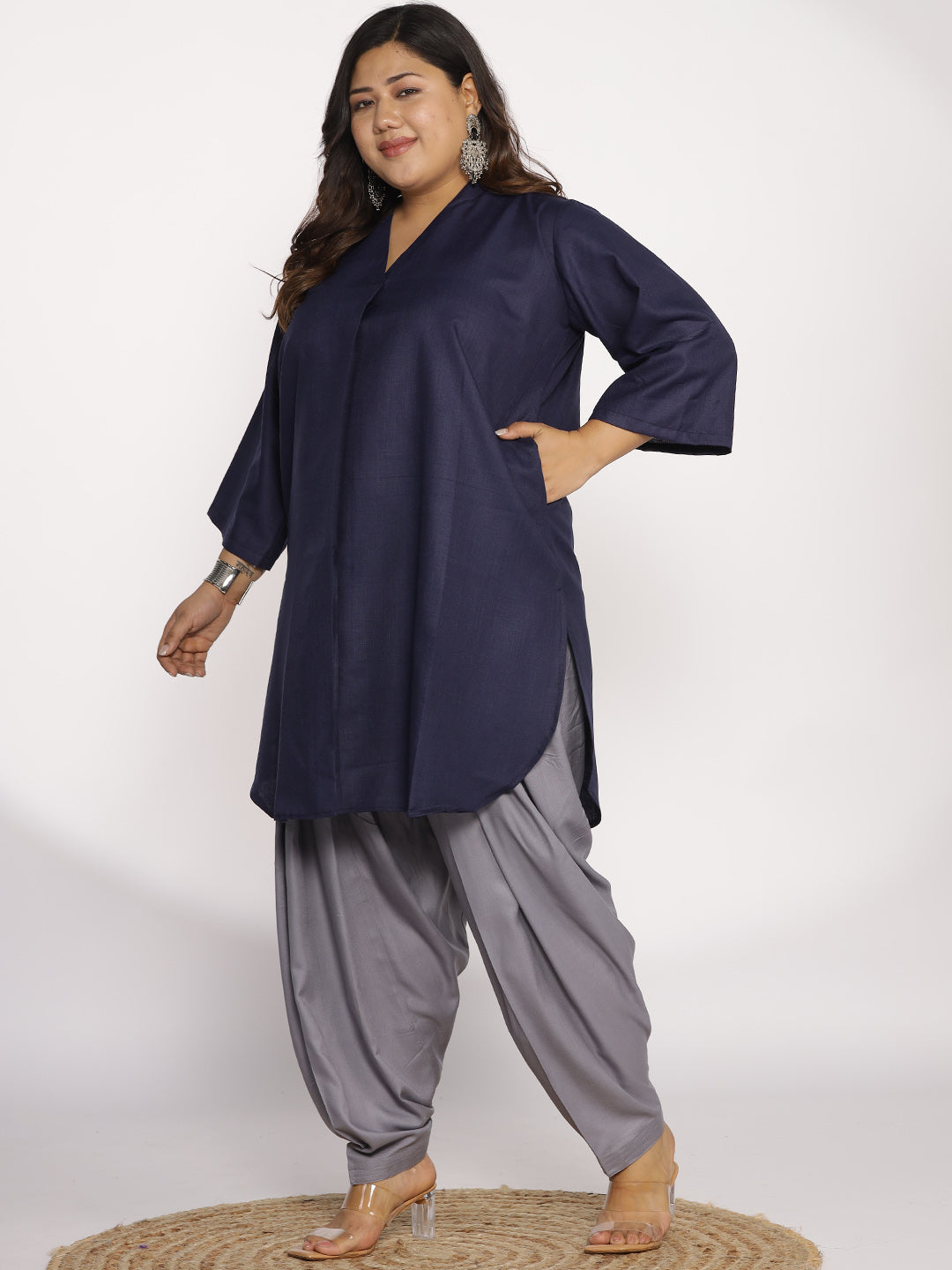 Navy CottonSlub PleatedKurta