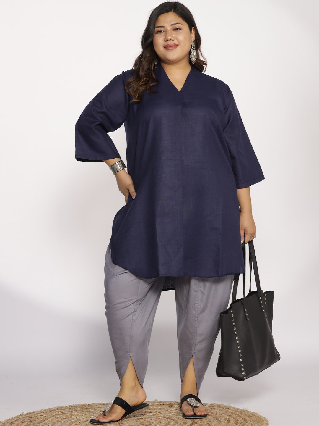 Navy CottonSlub PleatedKurta