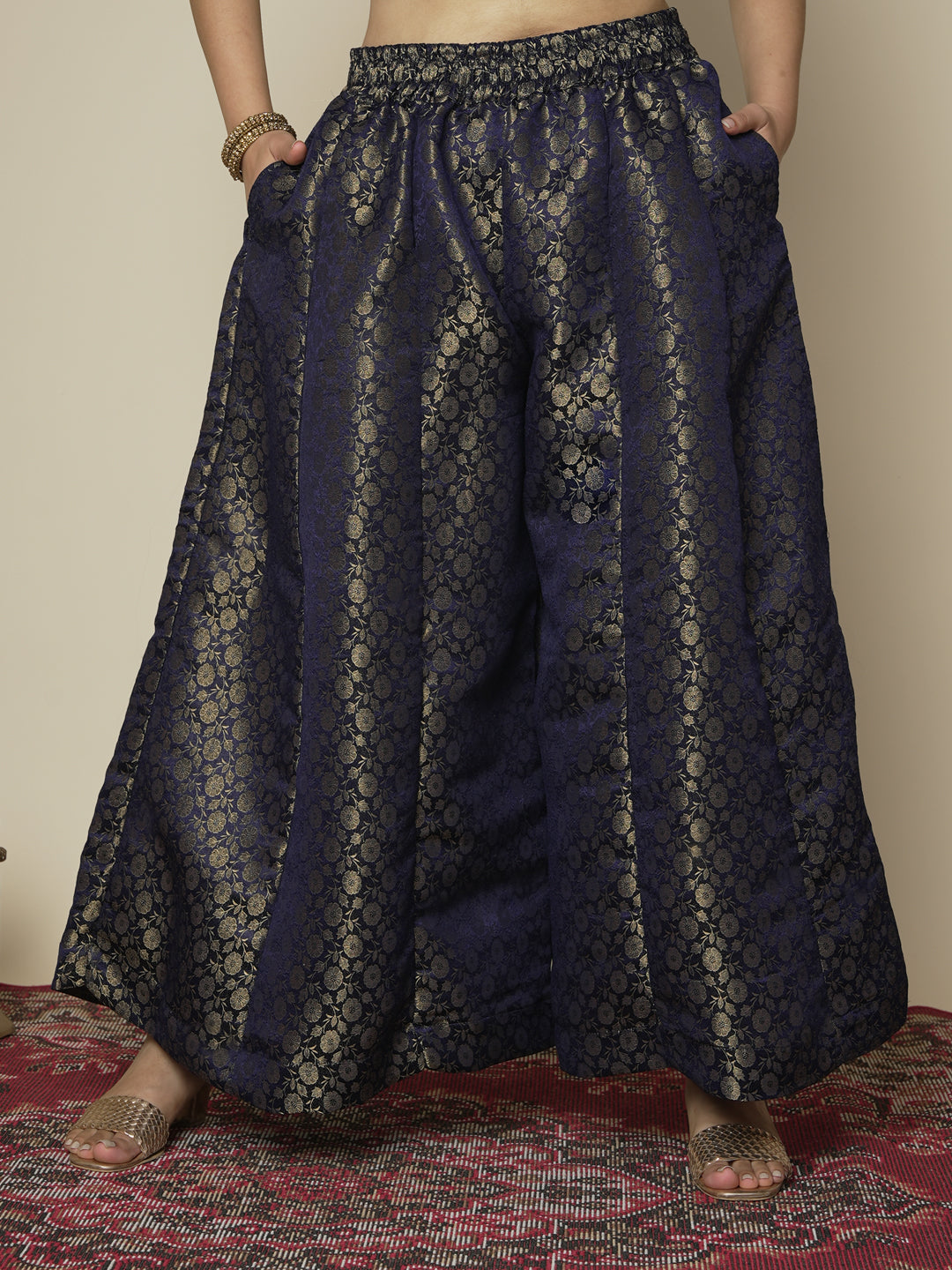 Navy Floral Brocade Flared Palazzo