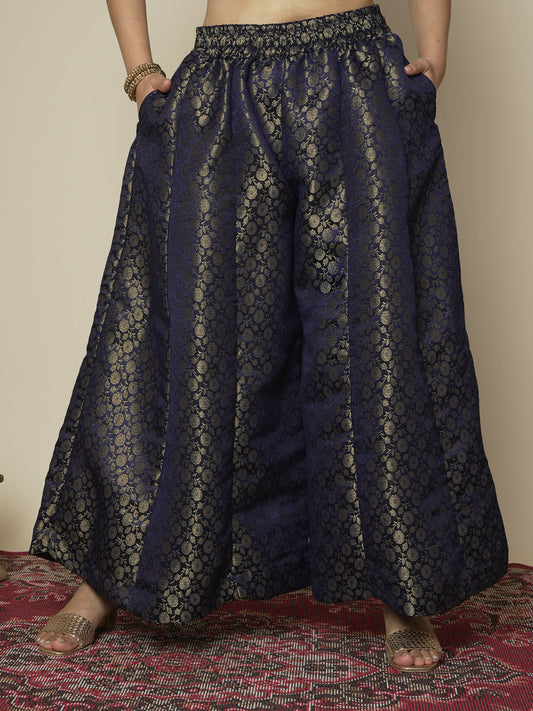 Navy Floral Brocade Flared Palazzo