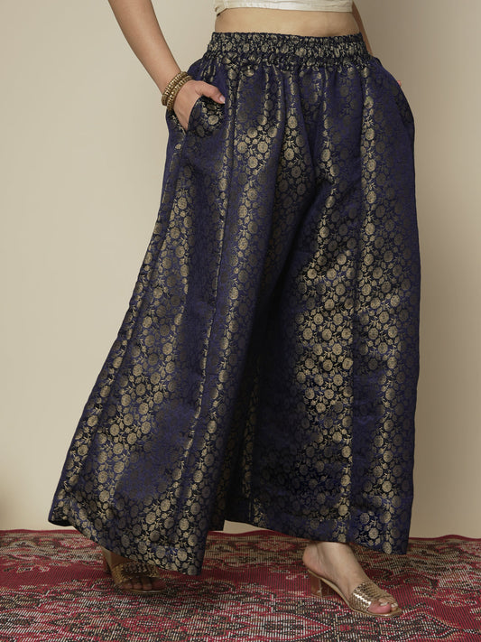 Navy Floral Brocade Flared Palazzo