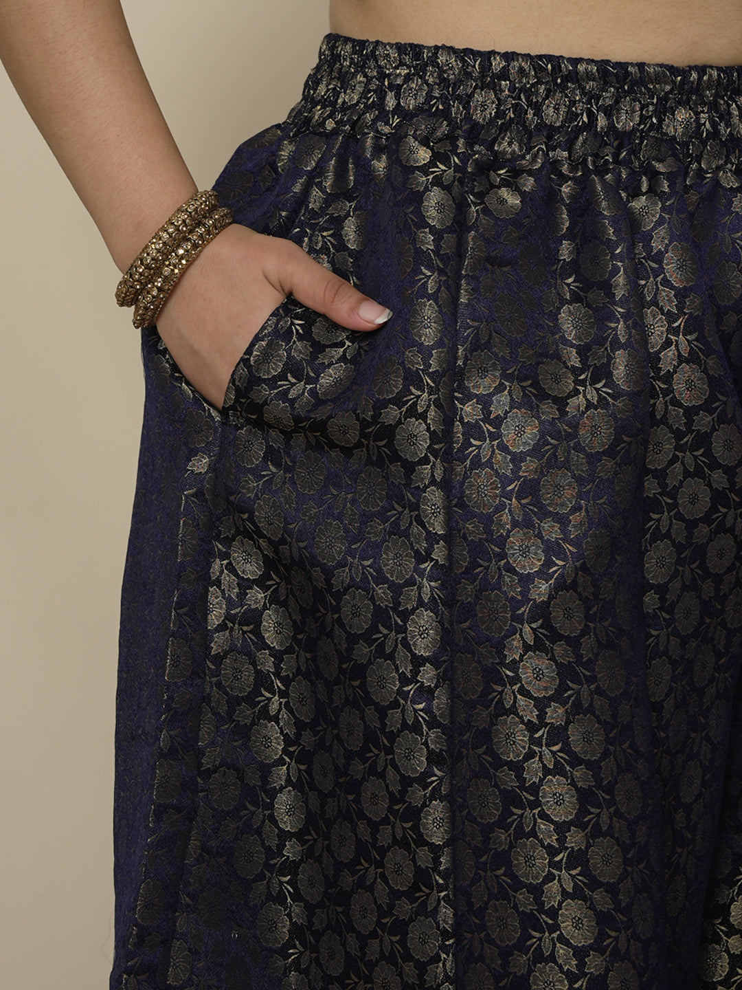 Navy Floral Brocade Flared Palazzo