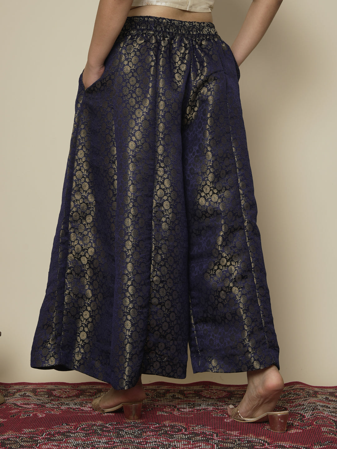 Navy Floral Brocade Flared Palazzo