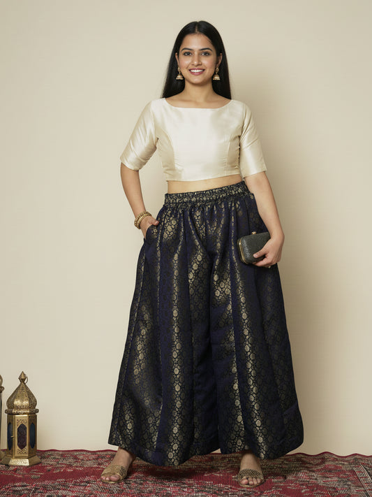 Navy Floral Brocade Flared Palazzo