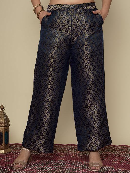 Navy Floral Brocade Palazzo Pants