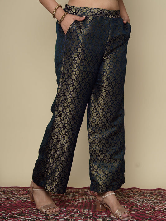 Navy Floral Brocade Palazzo Pants