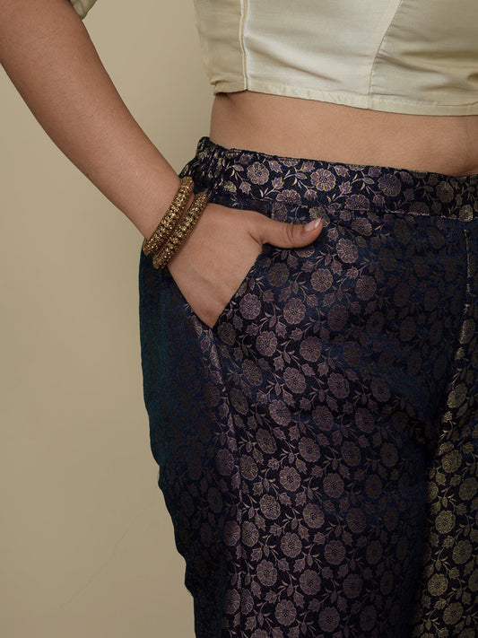 Navy Floral Brocade Palazzo Pants