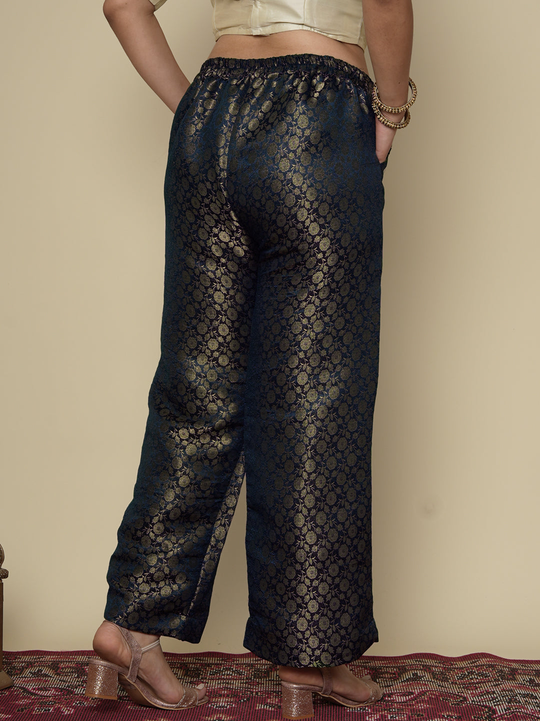 Navy Floral Brocade Palazzo Pants