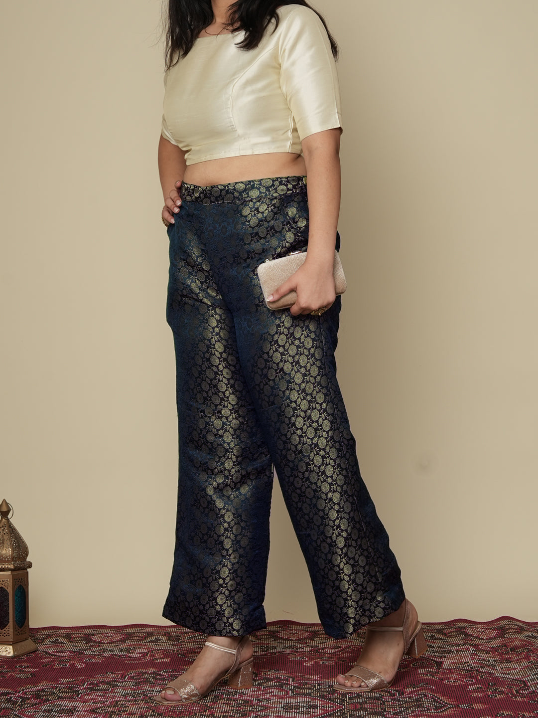 Navy Floral Brocade Palazzo Pants