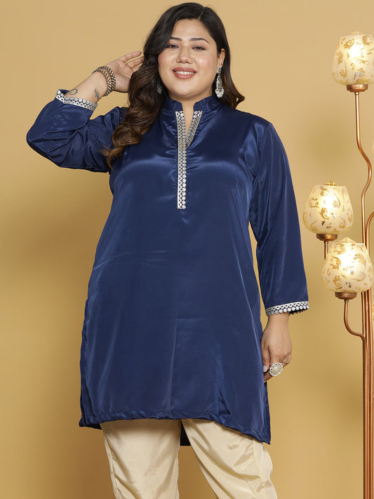 Navy Crepe Silk Embellished Collar Kurta