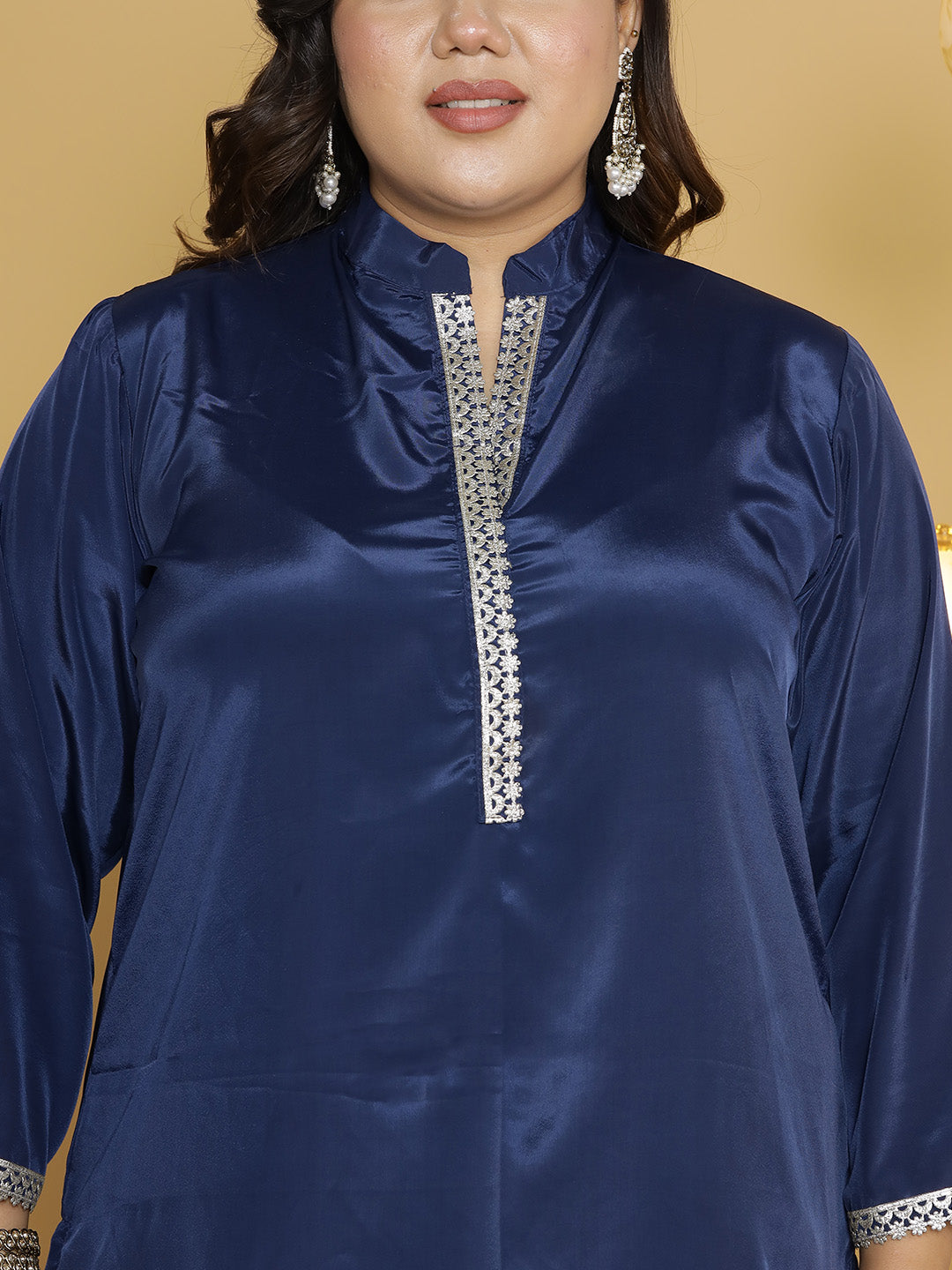 Navy Crepe Silk Embellished Collar Kurta