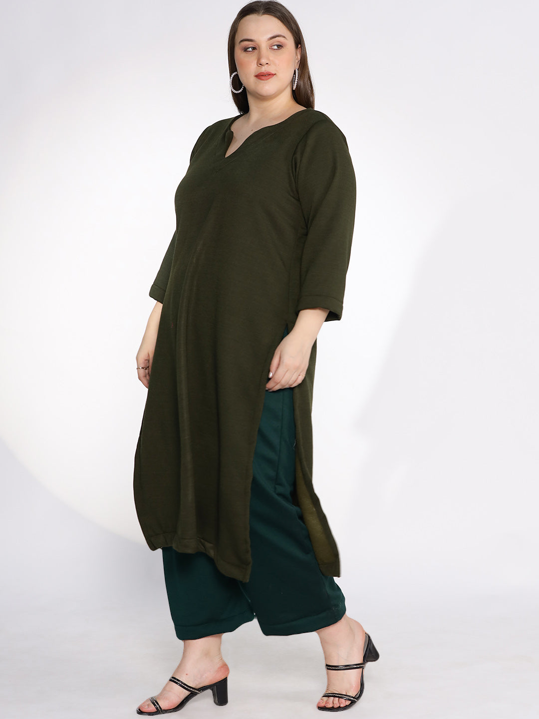 Olive Fleece LongKurta - Solid