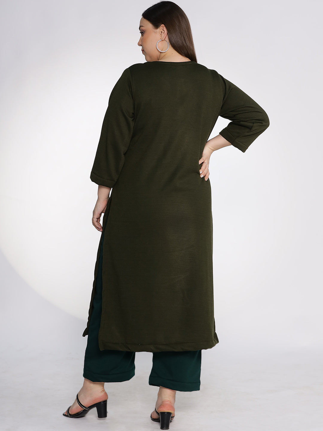 Olive Fleece LongKurta - Solid