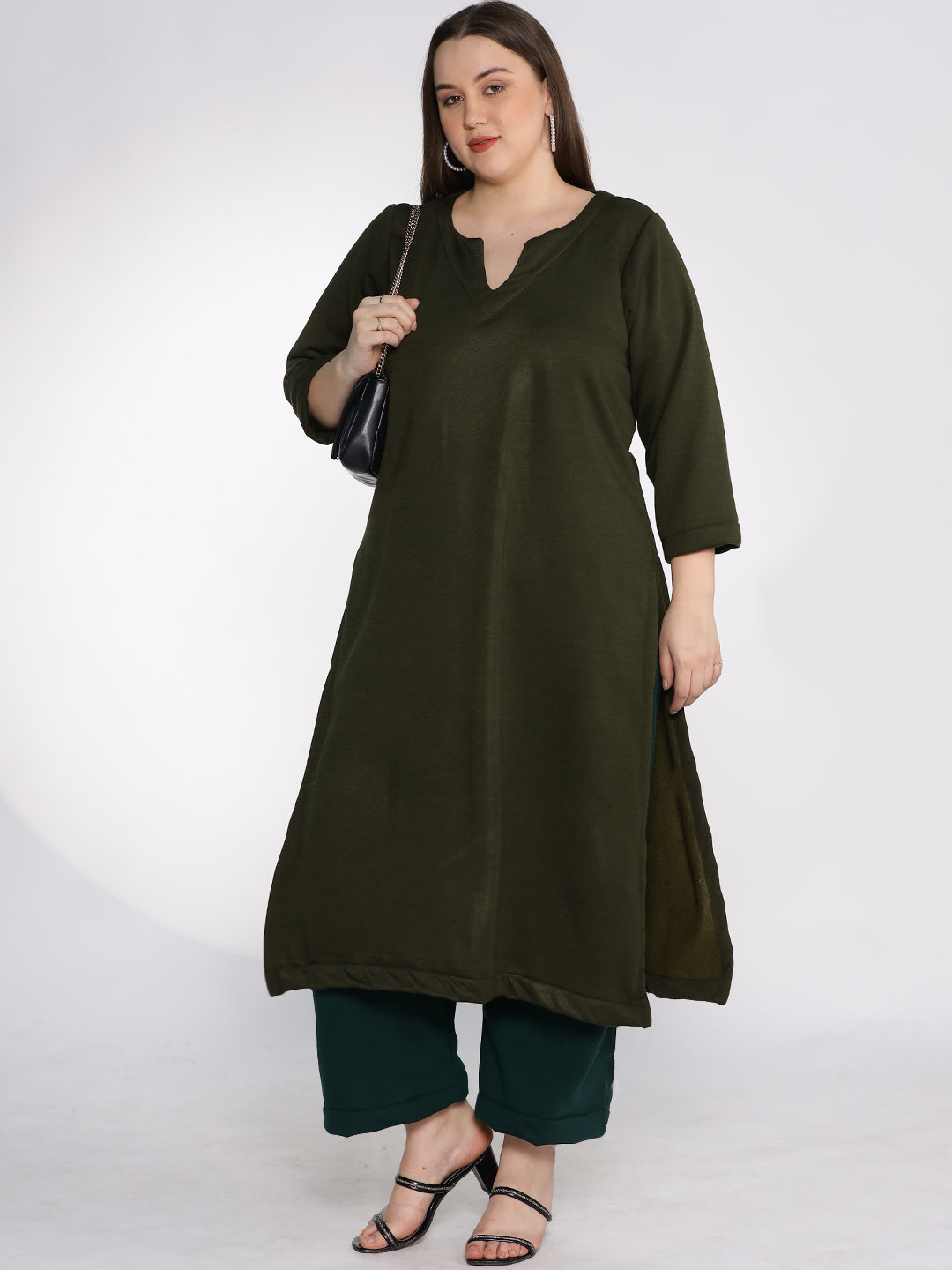 Olive Fleece LongKurta - Solid