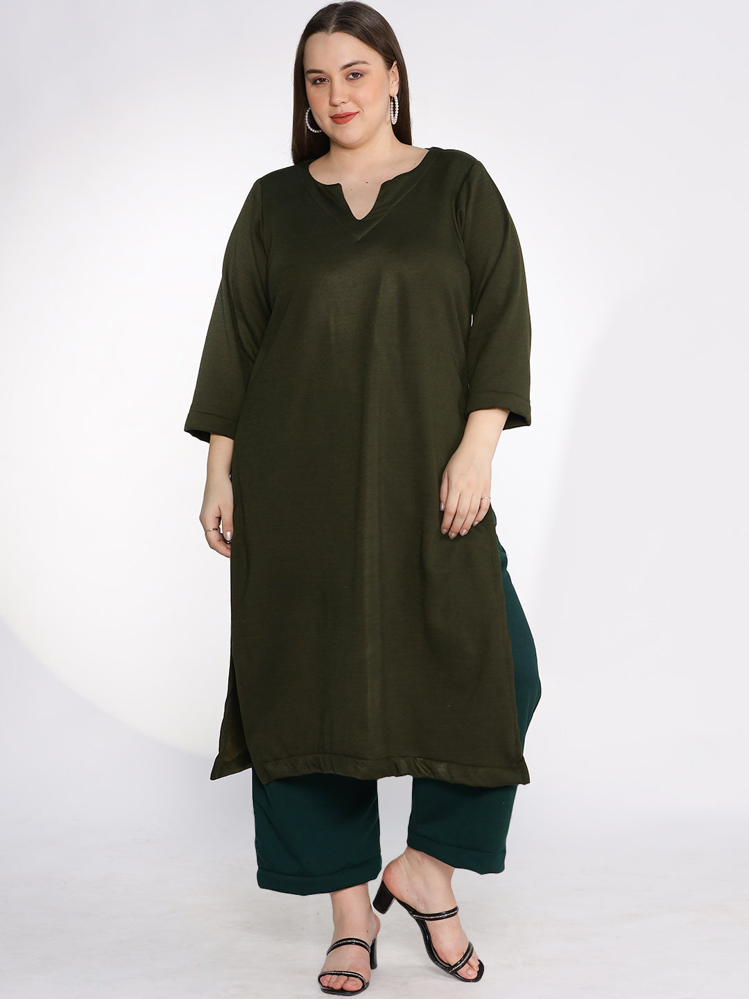 Olive Fleece LongKurta - Solid