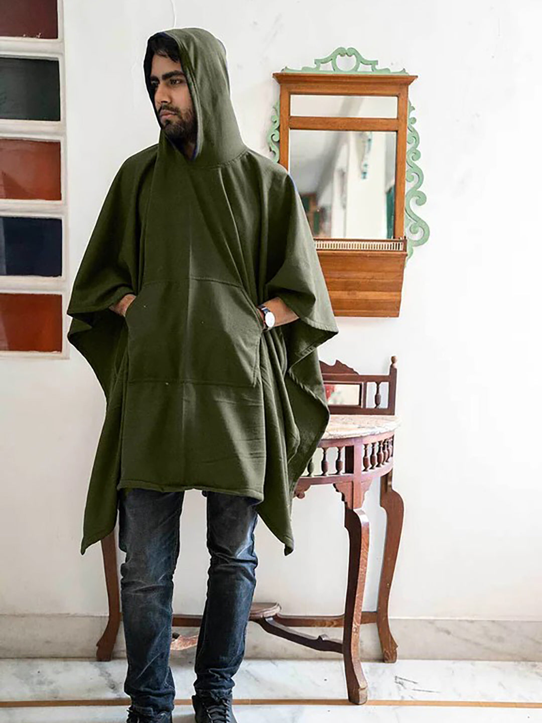 Olive Poncho Hoodie - Solid (Male)