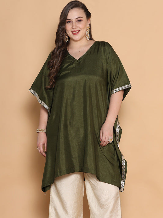 Olive Silk Embellished Kaftan Kurta