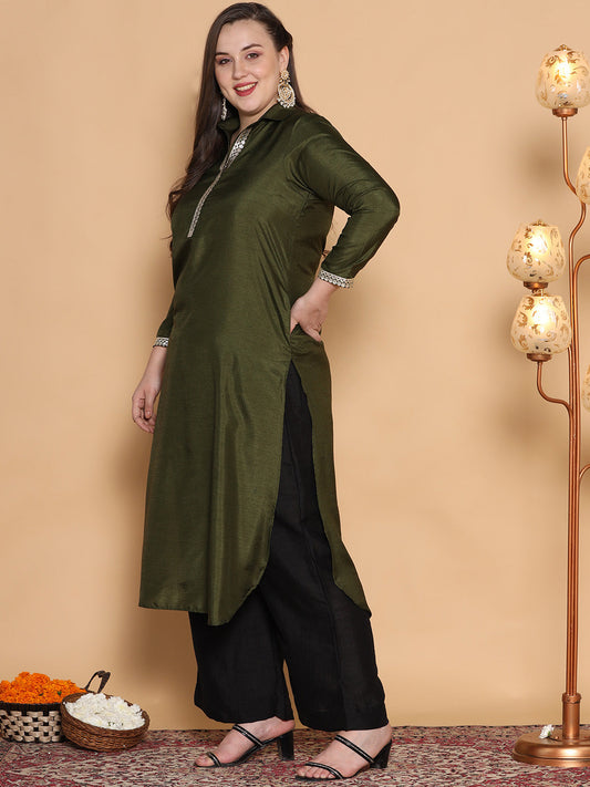 Olive Silk Embellished Shirt Collar Kurta