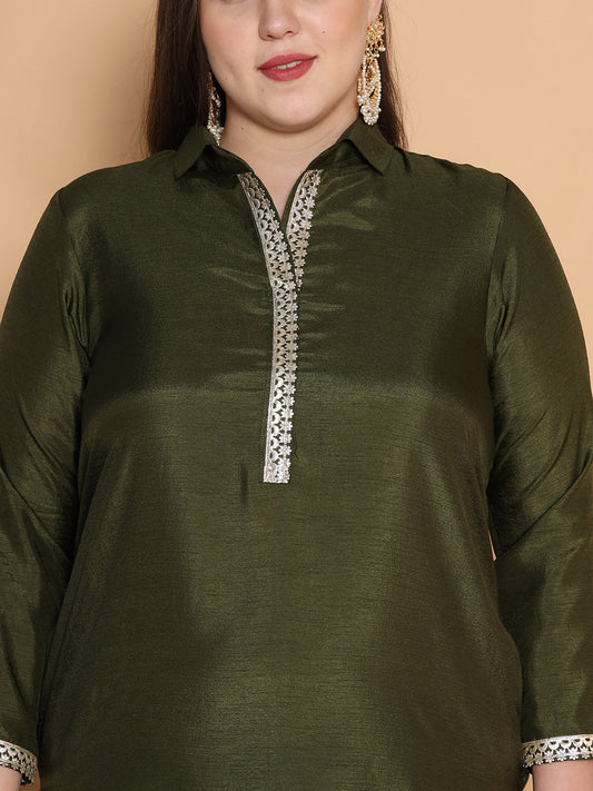 Olive Silk Embellished Shirt Collar Kurta