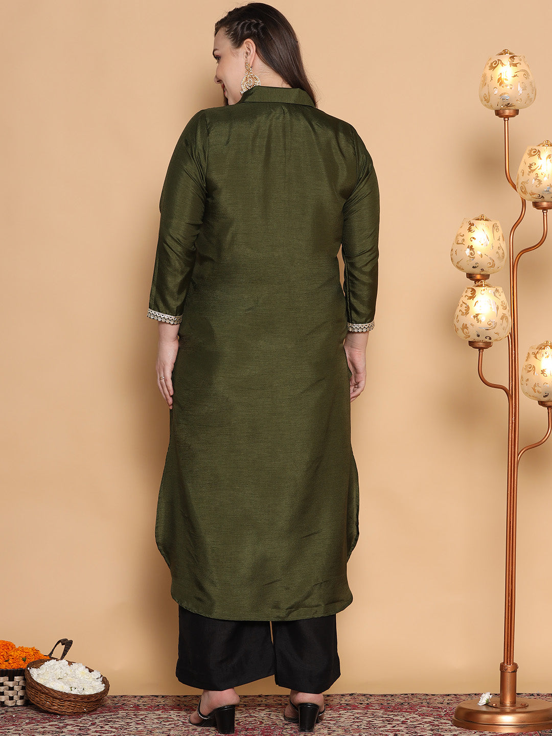 Olive Silk Embellished Shirt Collar Kurta