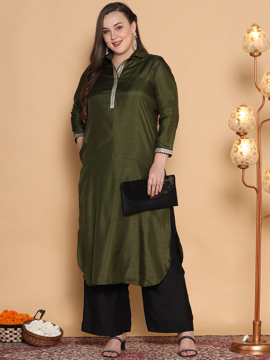 Olive Silk Embellished Shirt Collar Kurta