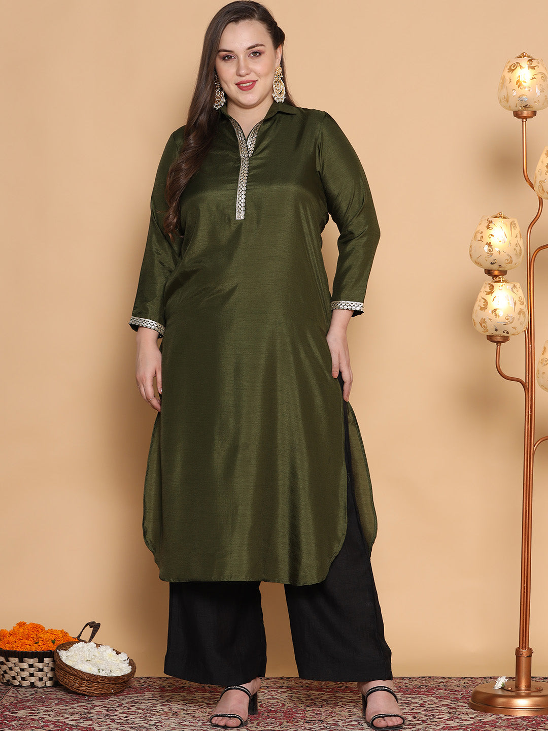 Olive Silk Embellished Shirt Collar Kurta