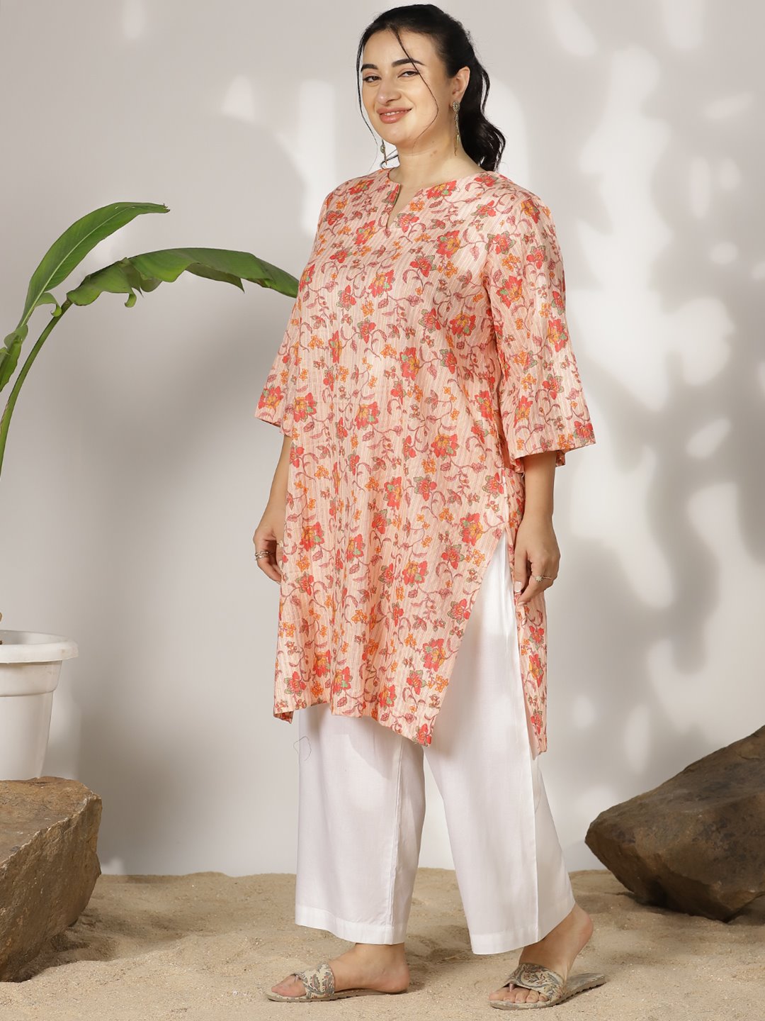 PeachFloral Cotton LongKurta