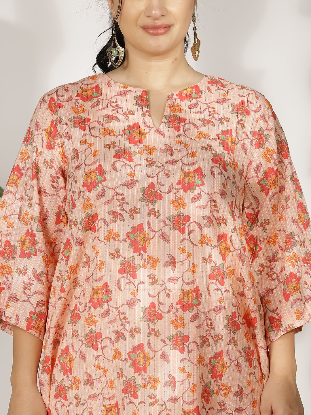 PeachFloral Cotton LongKurta