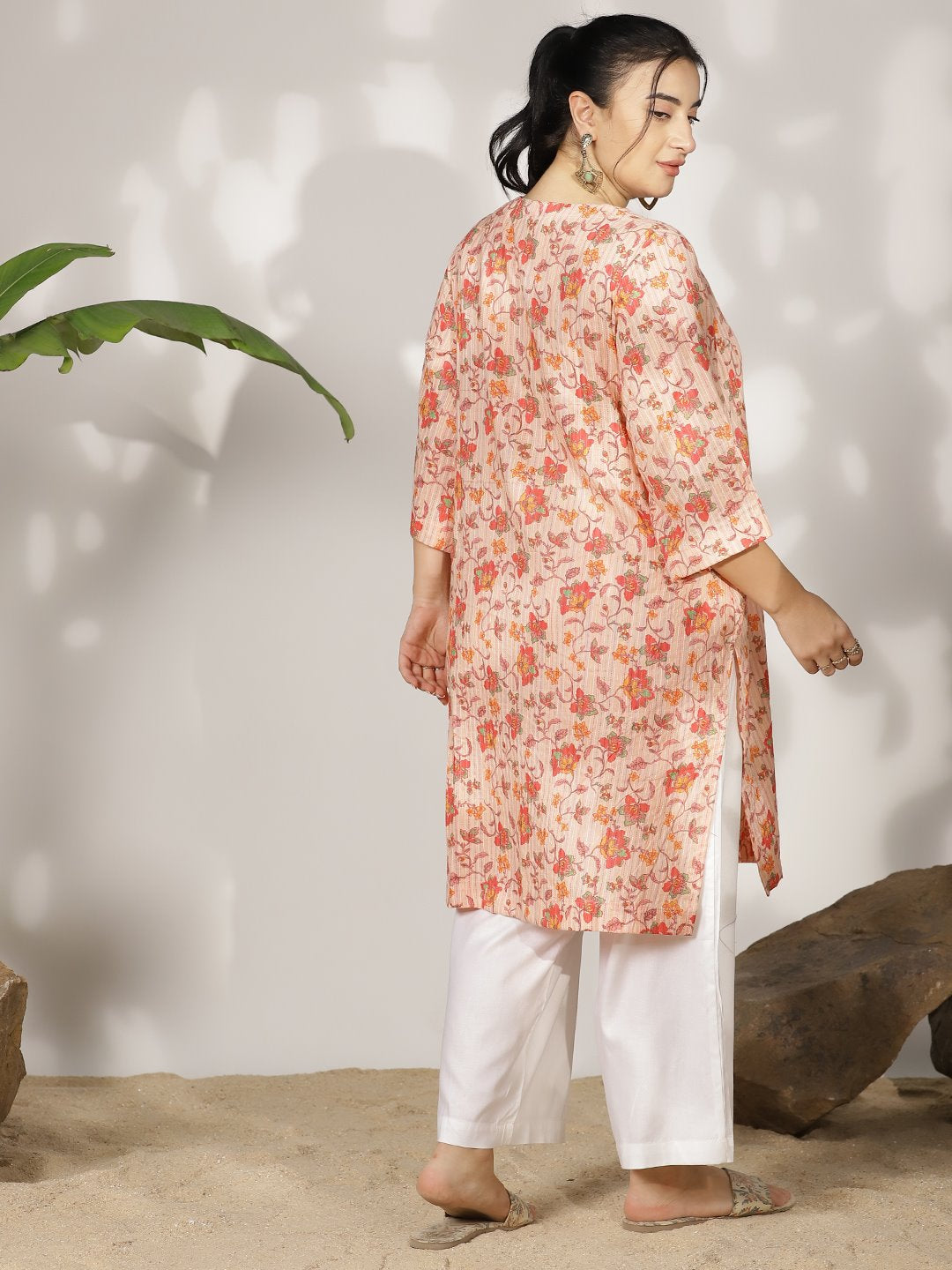 PeachFloral Cotton LongKurta